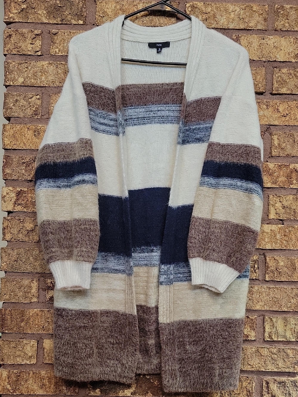 Fate Oversized Fuzzy Striped Longline Cardigan Sweater Size Small